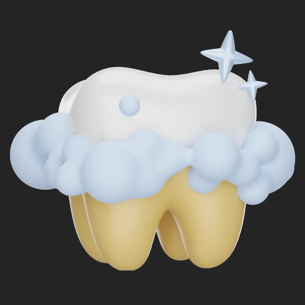 A stylized before and after graphic showing yellow teeth becoming sparkling white.