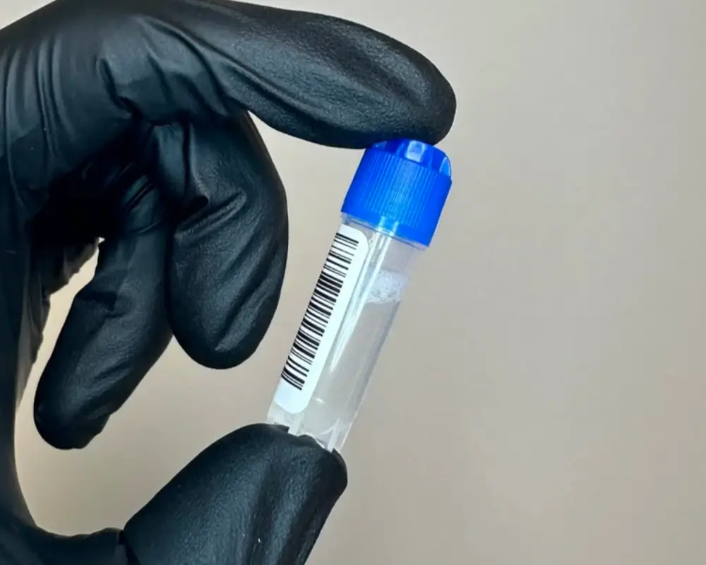 A hand in a blue glove holding a saliva testing vial for oral health diagnostics.